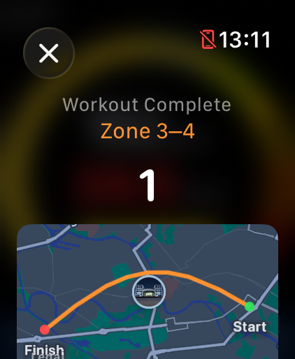 Zone Vibrate Watch workout summary with route map